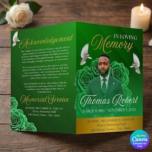 In Loving Memory Of Obituary Program Template, Green Funeral Programe Memorial, Order Of Service Funeral Books Free Canva, Instant Download
