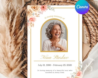 Modello di annuncio funebre, invito commemorativo, celebrazione della vita, invito funebre stampabile, biglietto di necrologio modificabile con Canva