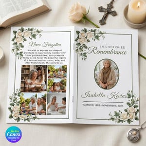 Könnte beinhalten: Ein Gedenkprogramm mit weißem Blumendesign. Die linke Seite zeigt "Never Forgotten" mit einer Botschaft und Familienfotos. Die rechte Seite zeigt ein Foto einer Frau, den Namen "Isabella Kevins" und Daten.