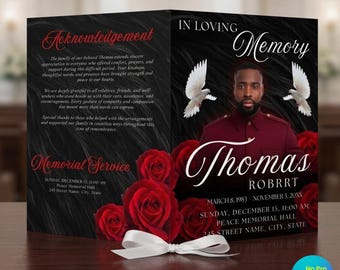 Black & Red Rose Funeral Program Template, Celebration of Life Program, Obituary Template Free Canva, Memorial Booklet (Instant Download)