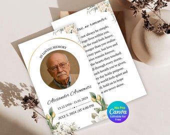 Elegant Floral Funeral Prayer Card Template, Memorial Obituary Canva Design (Instant Download)