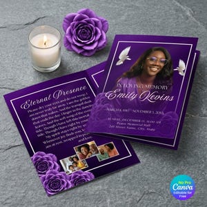 Könnte beinhalten: Ein violettes Trauerprogramm mit dem Foto einer Person, weißen Tauben und Rosengrafiken. Der Text lautet In Loving Memory Emily Kevins, Eternal Presence, und enthält Daten, Uhrzeiten und Ortsangaben sowie eine kleine Fotocollage.
