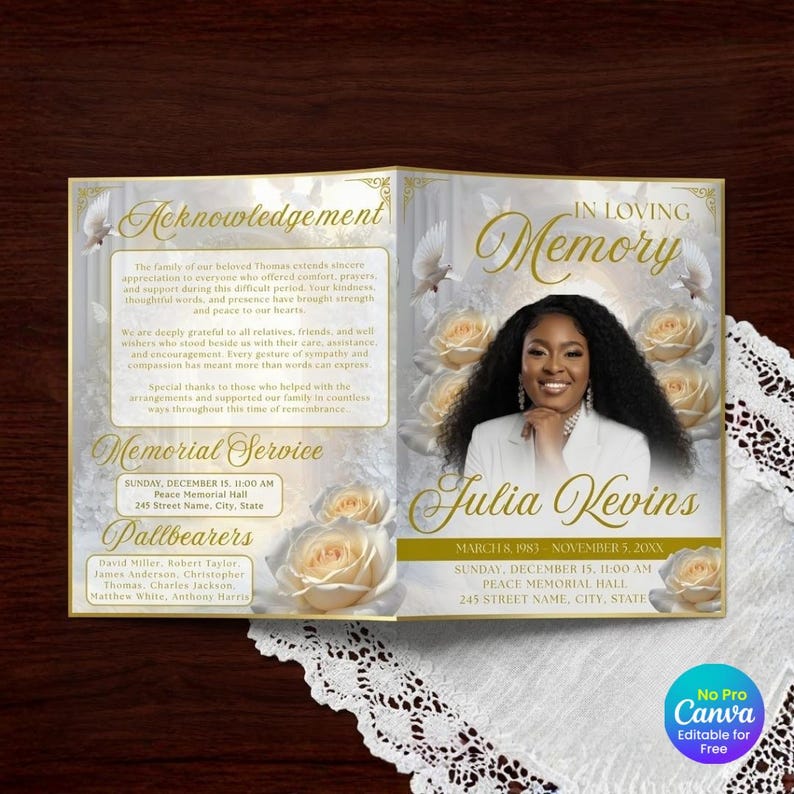 Editable Funeral Program Template, Celebration of Life Design, Obituary Template Canva, Memorial Service Program (Instant Download) image 6