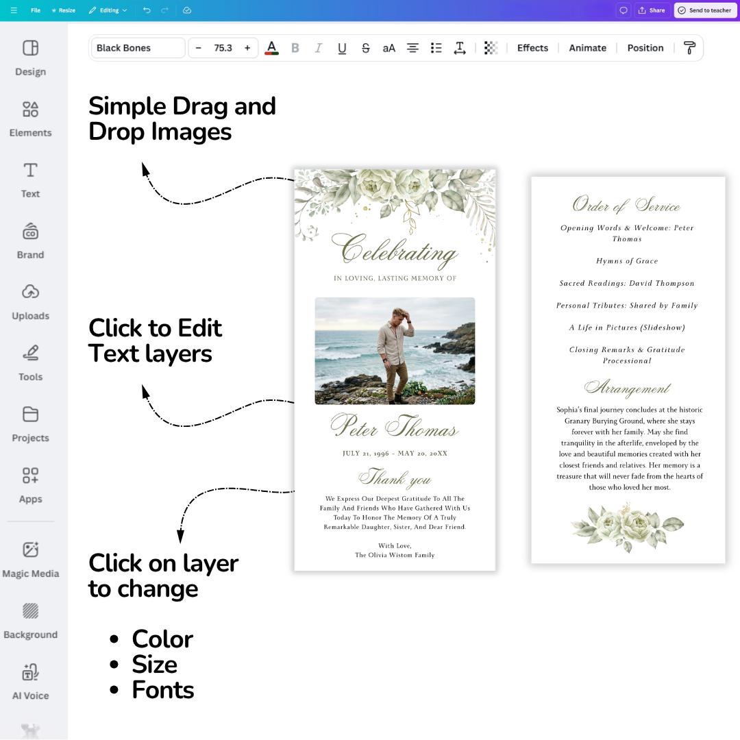 Double-sided Modern Funeral Program Template, Celebration of Life ...