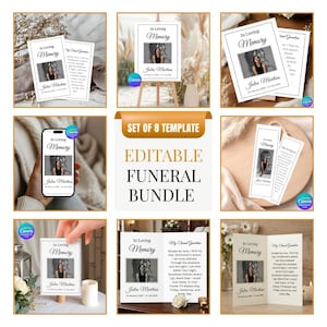 Peut inclure: Ensemble de huit mod&egrave;les fun&eacute;raires modifiables, comprenant des cartes de condol&eacute;ances, un &eacute;cran de t&eacute;l&eacute;phone et un panneau. Chaque mod&egrave;le pr&eacute;sente une photo et le texte "In Loving Memory". Le lot est con&ccedil;u pour une personnalisation facile.