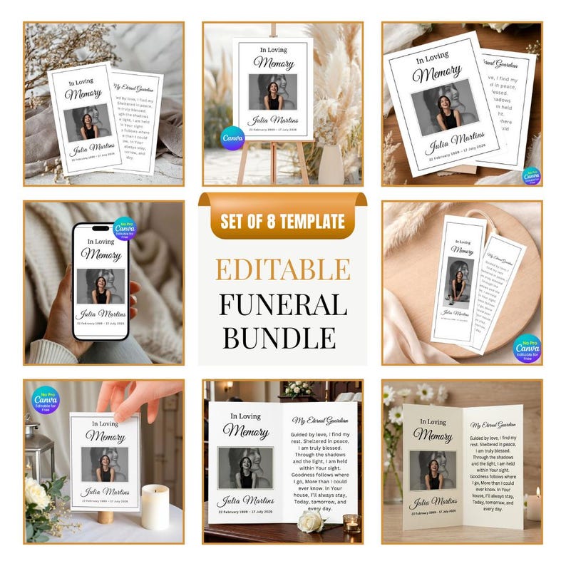 Peut inclure: Ensemble de huit mod&egrave;les fun&eacute;raires modifiables, comprenant des cartes de condol&eacute;ances, un &eacute;cran de t&eacute;l&eacute;phone et un panneau. Chaque mod&egrave;le pr&eacute;sente une photo et le texte "In Loving Memory". Le lot est con&ccedil;u pour une personnalisation facile.