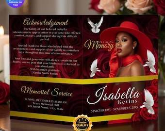 Programma funebre Rose Rosse (8 pagine) Celebrazione della vita Modello di necrologio, Programma commemorativo / In amorevole memoria, Modello funebre Canva
