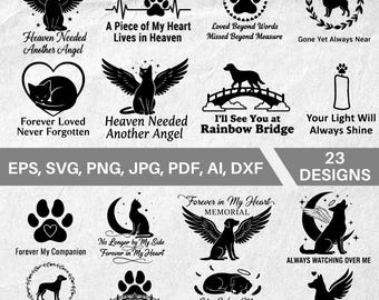 Pacchetto di immagini SVG con frasi e sagome per commemorare gli animali domestici, SVG commemorativo per cani, Animale domestico in cielo, SVG per amanti degli animali, SVG per ricordare gli animali domestici (Download immediato)