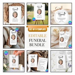 May include: A set of nine editable funeral templates. Each template features a portrait of a woman, the text "In Cherished Memory", and the name "Sophia Rose". The templates include a memorial card, a bookmark, and a phone screen.