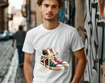 Clipart ze sneakersami: Żywe wysokie buty z perłowym naszyjnikiem (cyfrowy wydruk artystyczny)