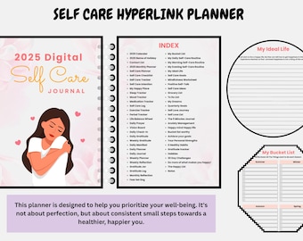 May include: A digital self-care planner with a pink and white cover featuring a cartoon woman hugging herself. The planner includes sections for a 2025 calendar, contact list, monthly planner, self-care checklist, self-care tracker, happy place, mood tracker, sleep tracker, meditation tracker, self-care log, exercise tracker, life balance wheel, personal tracker, vision board, daily prayer, daily check-in, daily gratitude, daily breathwork, daily affirmation, daily mood, daily planner, weekly reflection, gratitude journal, gratitude reflection, gratitude log, monthly budgeting, and fear setting.