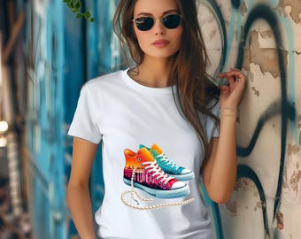 Kolorowy clipart z butami sportowymi: Miejski budynek i grafika perłowa (sztuka cyfrowa)