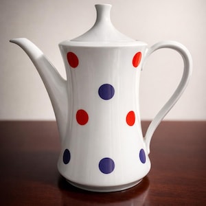May include: White ceramic teapot with a lid, a curved spout, and a handle. The teapot is decorated with red and blue polka dots. The teapot is sitting on a dark brown wooden surface.
