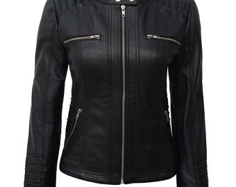 Women's Hooded Black Biker Motorcycle Real Leather Jacket Black