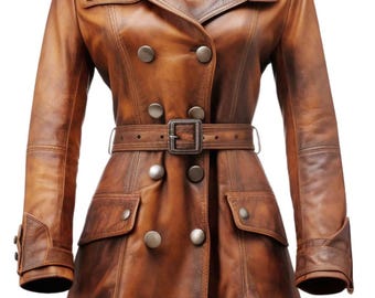 Camel Waxed Distressed Designer Women Real Leather Trench Coat Blazar