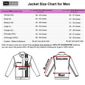 Może przedstawiać: Tabela rozmiar&oacute;w kurtek męskich, z wymiarami klatki piersiowej i talii w calach. Rozmiary od XSmall do XXXLarge, z opcją niestandardową. Zawiera diagramy kurtki wskazujące wymiary.