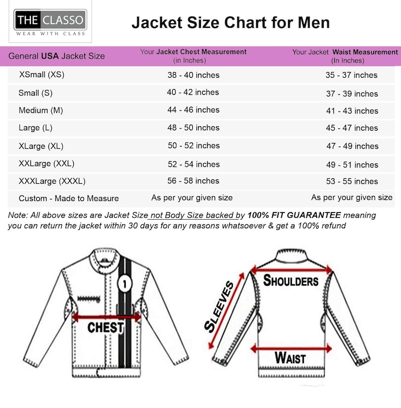 Może przedstawiać: Tabela rozmiar&oacute;w kurtek męskich, z wymiarami klatki piersiowej i talii w calach. Rozmiary od XSmall do XXXLarge, z opcją niestandardową. Zawiera diagramy kurtki wskazujące wymiary.