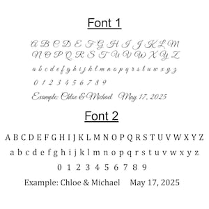 Pu&ograve; includere: Immagine in bianco e nero che mostra due stili di carattere. Il carattere 1 &egrave; uno stile corsivo e il carattere 2 &egrave; uno stile sans-serif. Ogni carattere include lettere maiuscole e minuscole, numeri e un esempio di come pu&ograve; essere utilizzato.