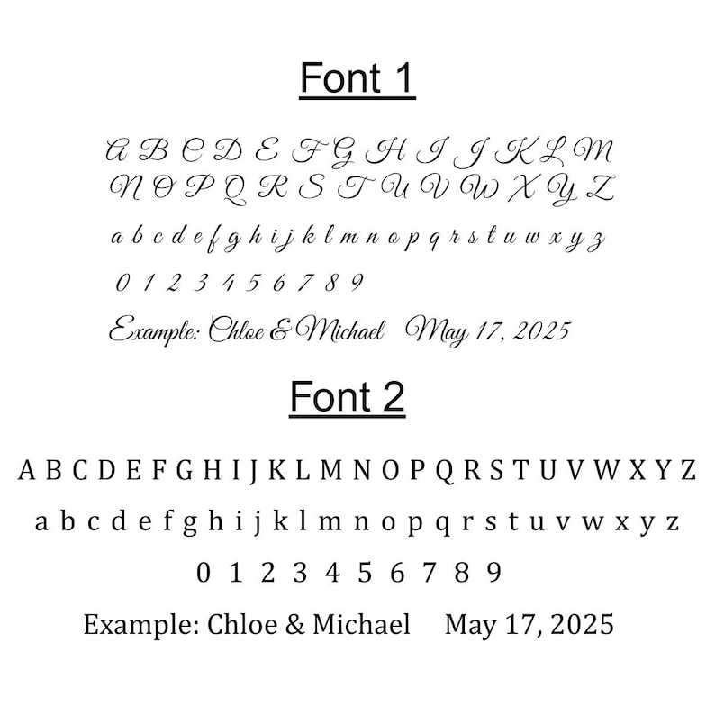 Pu&ograve; includere: Immagine in bianco e nero che mostra due stili di carattere. Il carattere 1 &egrave; uno stile corsivo e il carattere 2 &egrave; uno stile sans-serif. Ogni carattere include lettere maiuscole e minuscole, numeri e un esempio di come pu&ograve; essere utilizzato.