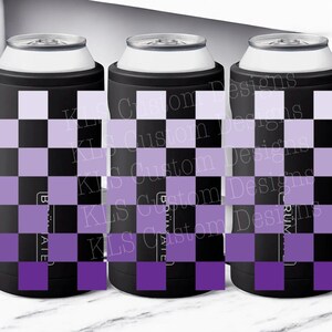 May include: Three black and purple checkered can coolers with the text "Ultimate" on the side.