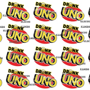 May include: A repeating pattern of circular stickers featuring the text "DRUNK UNO" in yellow, black, and white. The word "UNO" is in a large, bold font, with "DRUNK" above it. Each sticker has a red background.