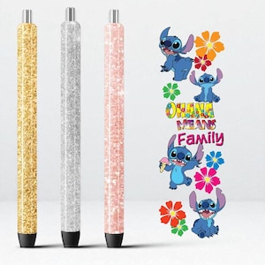 May include: Three glitter pens in gold, silver, and pink, with black tips and silver accents. To the right, a colorful graphic of the character Stitch with the text "Ohana Means Family" and flower accents.