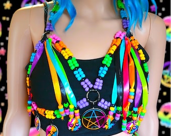 Rainbow goth neon rave kandi chest harness - rave wear accessory