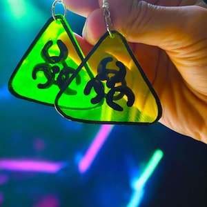 Neon Green Biohazard Earrings: Cyber Goth Rave Jewelry