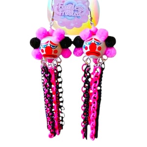 Goth Clown Dangle Earrings: Pink & Black Clowncore Jewelry