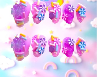 Hand-Painted Candy Press On Nails – Pastel Goth Spider Theme