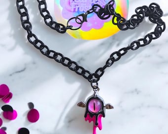 Dripping Eye Necklace: Black Chain, Winged Eyeball, Pastel Goth Jewelry