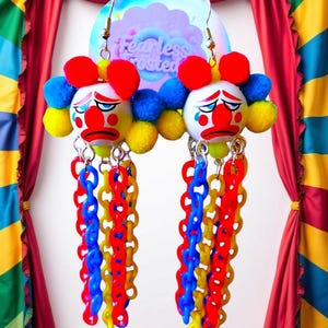 Sad Clown Dangle Earrings: Rainbowcore Costume Jewelry