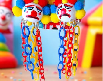 Sad Clown Dangle Earrings: Rainbowcore Costume Jewelry