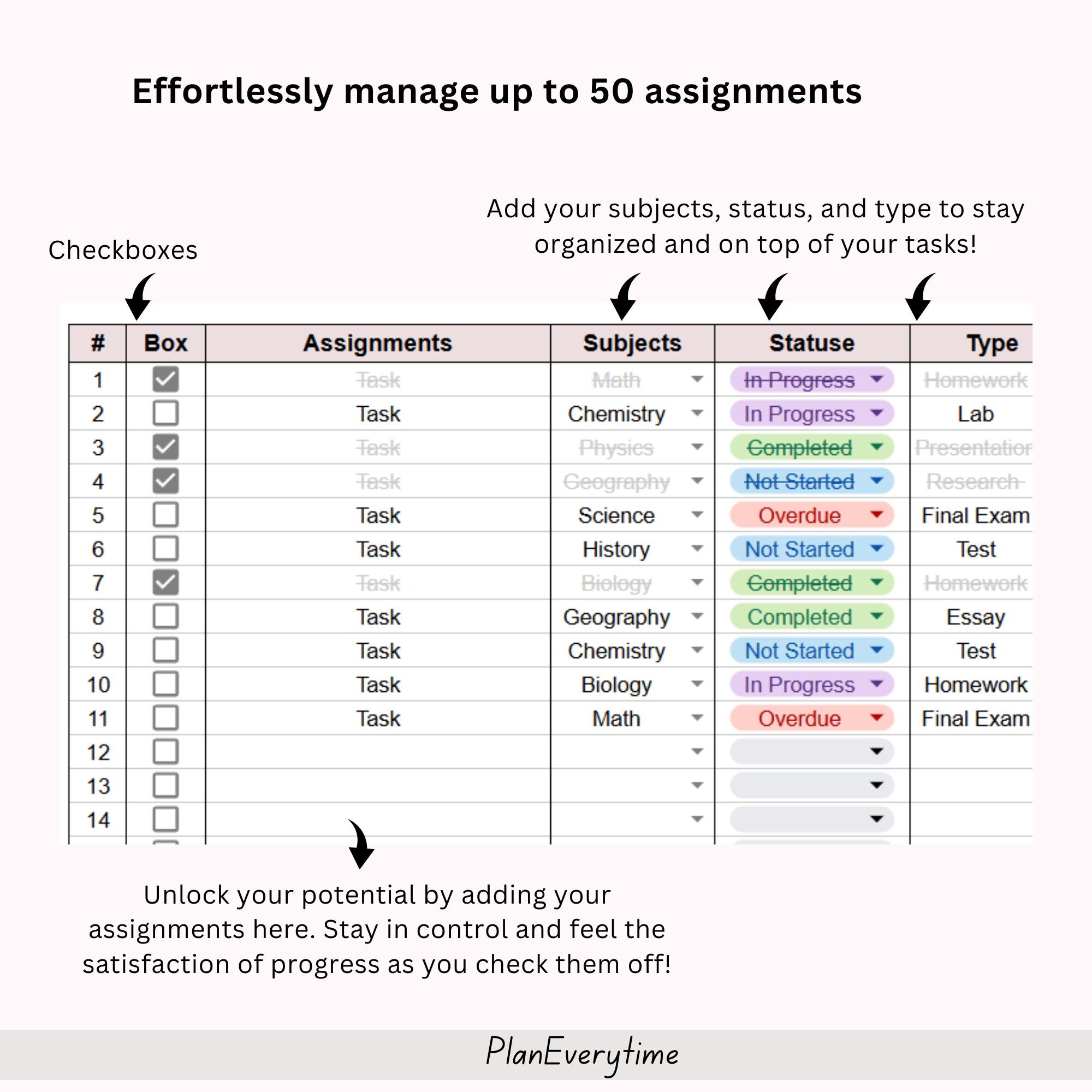 Assignment Tracker Spreadsheet ADHD Friendly Tracker Google Sheet ...
