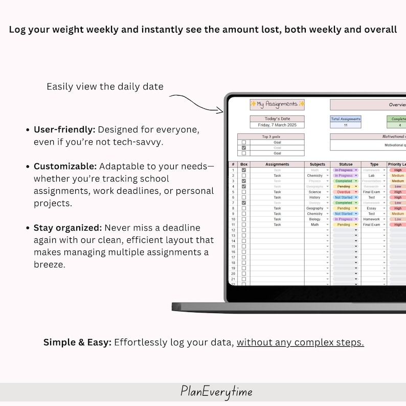 Assignment Tracker Spreadsheet ADHD Friendly Tracker Google Sheet ...