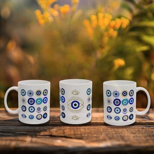 Cute Evil Eye Coffee Mug, Protection Gift, Coffee Cup for Spiritual Vibes, Boho Home Decor, Unique Present for All Occasions