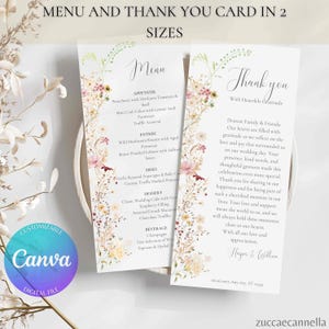 Menu et Carte Remerciement Fleurs Sauvages | 4x8'' & 4x9'' | Modèle Canva Mariage et Restaurant | Téléchargement Instantané, Set ELIZA