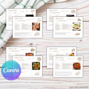 Set di Schede Ricette Stampabili per Raccoglitore o Scatola | Design Neutro con Illustrazioni Cibo | Canva + PDF Download Istantaneo