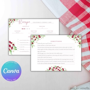 Scheda Ricetta Ciliegie Modello Canva + PDF | Stampabile e Compilabile | Formati A5, 6x4, 7x5 | Design Acquerello | Modello Fronte-Retro