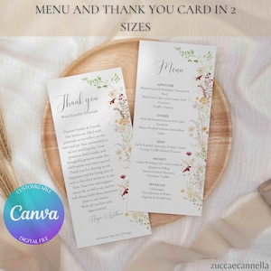 Menu et Carte Remerciement Fleurs Sauvages | 4x8'' & 4x9'' | Modèle Canva Mariages, Événements | Téléchargement Instantané, Set ELIZA