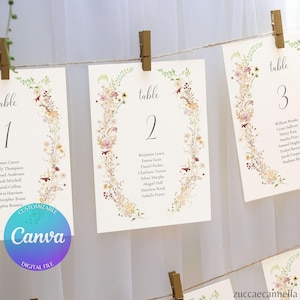 Plantilla Asientos Boda Flores Silvestres | Cartel Boho Colgante Editable Canva | Carta Floral Rural Imprimible | Descarga Rápida, Set ELIZA