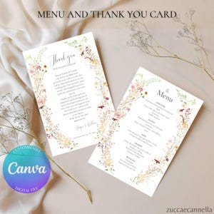 Menu et Carte Remerciement Fleurs Sauvages | 4x6" | Design Éditable Canva Mariages, Événements | Téléchargement Instantané, Set ELIZA