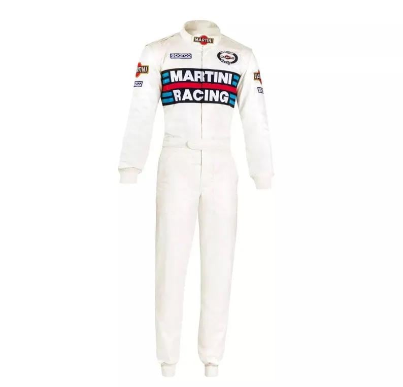 May include: White racing suit with long sleeves and a collar. The suit features the "MARTINI RACING" logo in red, blue, and white across the chest, along with sponsor patches. The suit has a front zipper and a belt at the waist.