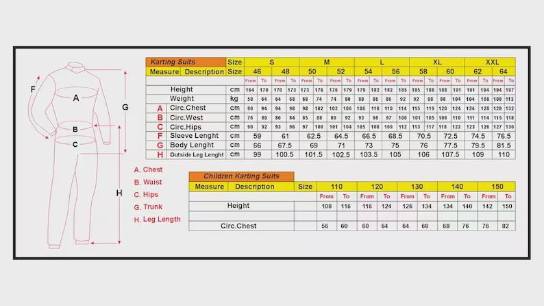 May include: A detailed chart with measurements for karting suits, including height, weight, chest, waist, hips, sleeve length, body length, and leg length, in centimeters. Sizes range from 46 to XXL, with children's sizes also listed.
