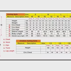 May include: A detailed chart with measurements for karting suits, including height, weight, chest, waist, hips, sleeve length, body length, and leg length, in centimeters. Sizes range from 46 to XXL, with children's sizes also listed.