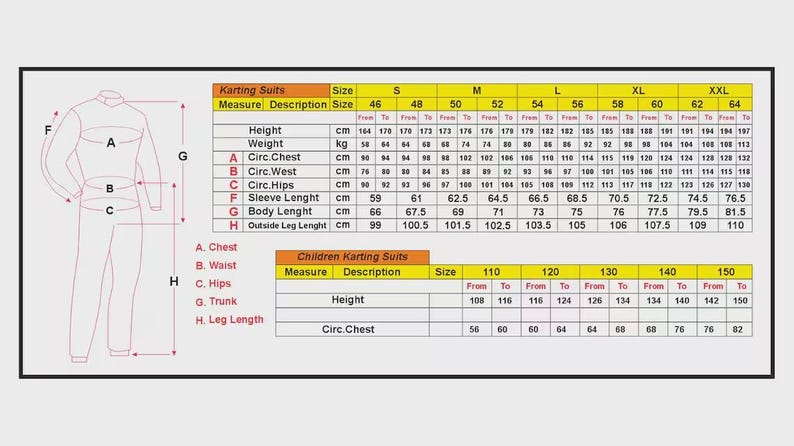 May include: A detailed chart with measurements for karting suits, including height, weight, chest, waist, hips, sleeve length, body length, and leg length, in centimeters. Sizes range from 46 to XXL, with children's sizes also listed.