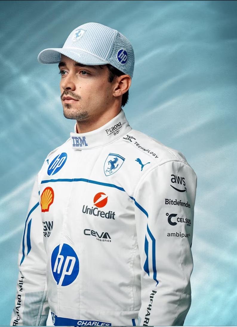May include: A light blue and white striped baseball cap with the HP logo. The person is wearing a white racing suit with blue accents and sponsor logos, including HP, Unicredit, and AWS.
