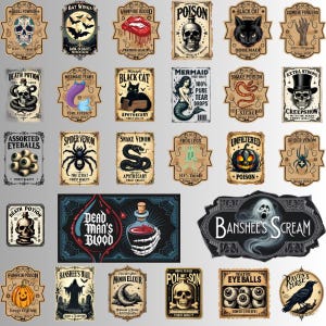 Witch Potion Labels PNG Bundle: Halloween Apothecary Graphics (Digital Download)