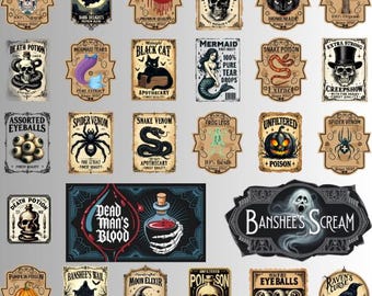 Witch Potion Labels PNG Bundle: Halloween Apothecary Graphics (Digital Download)