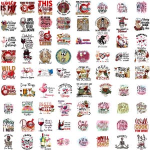 May include: A collection of 48 colorful wine-themed designs featuring various phrases and images. The designs include skulls, flamingos, witches, and wine glasses. The designs are perfect for creating t-shirts, mugs, tote bags, and other merchandise.